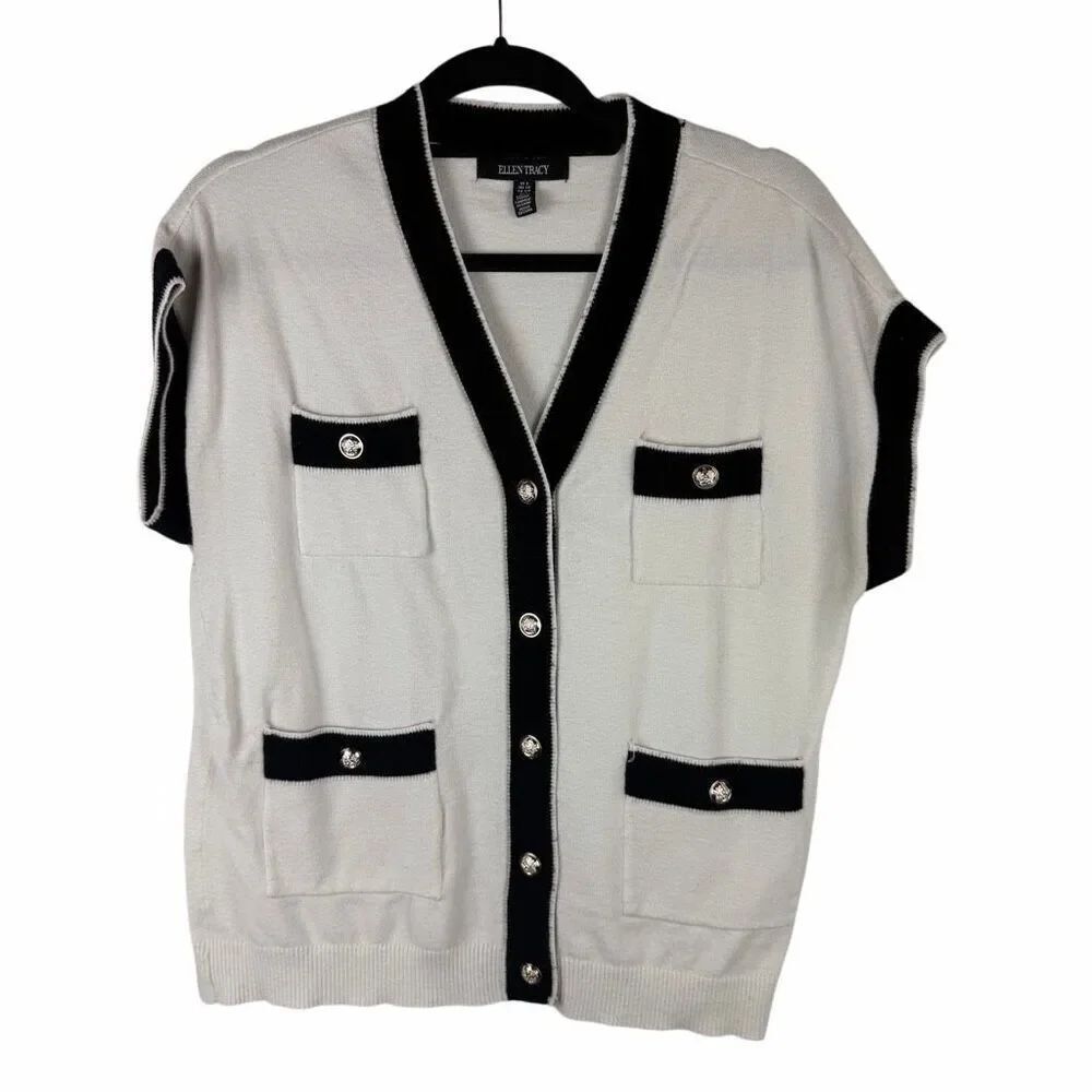 Ellen Tracy black and cream short sleeve cardigan- size s
